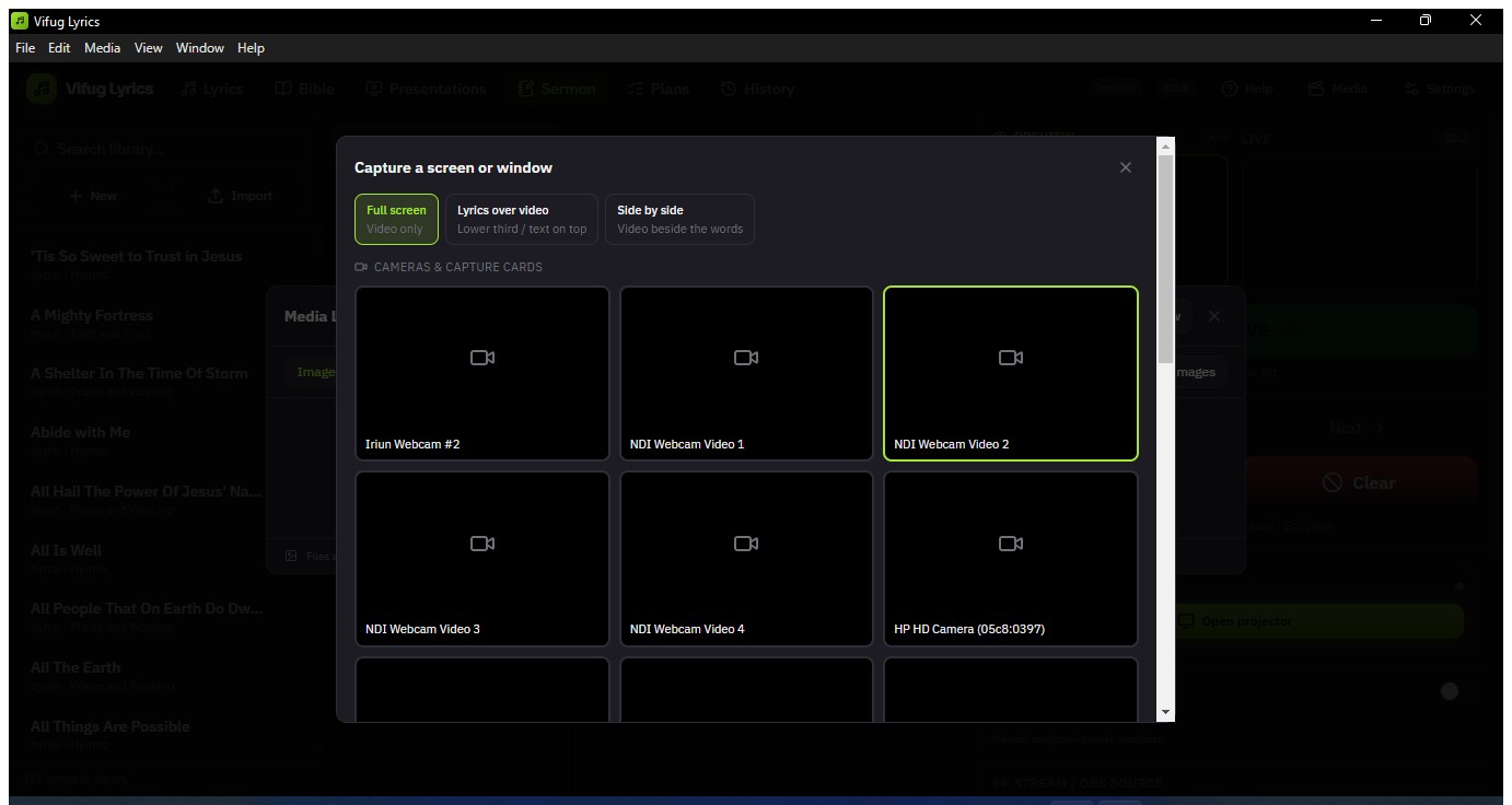 The capture picker showing layout buttons and a list of cameras and capture cards