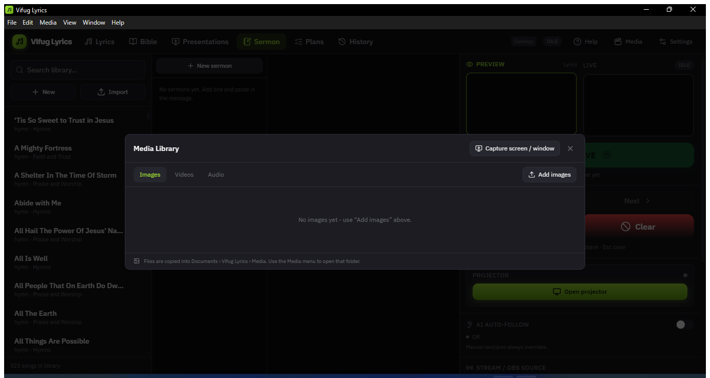 The media library with tabs for images, videos and audio